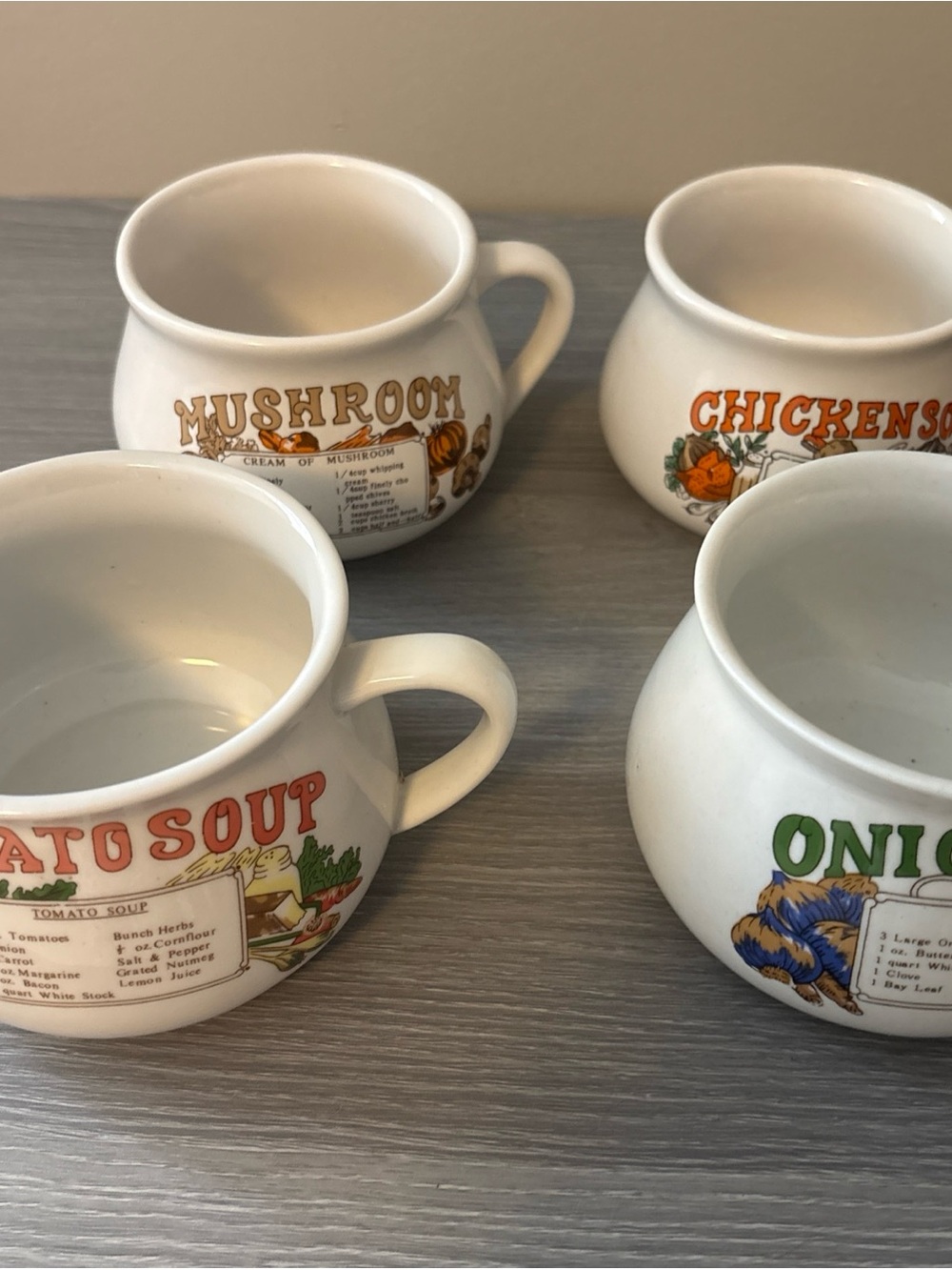 Classic White Ceramic Soup Mug Set with Vintage Recipe Graphics - 4-Pack